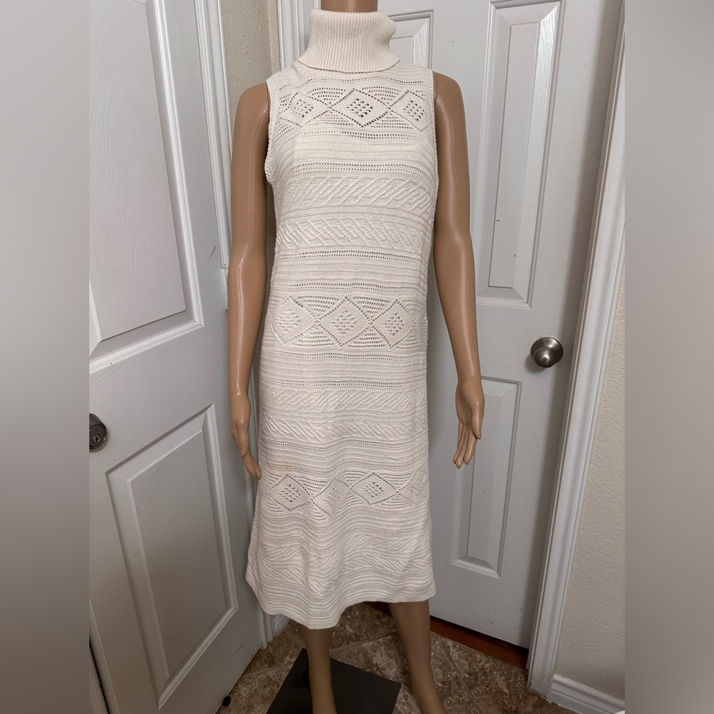 New Lauren Ralph Lauren Petite Turtle Neck Knit Sleeveless Cream Dress Sz. M